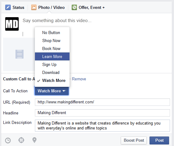 Facebook Call to Action button for Videos